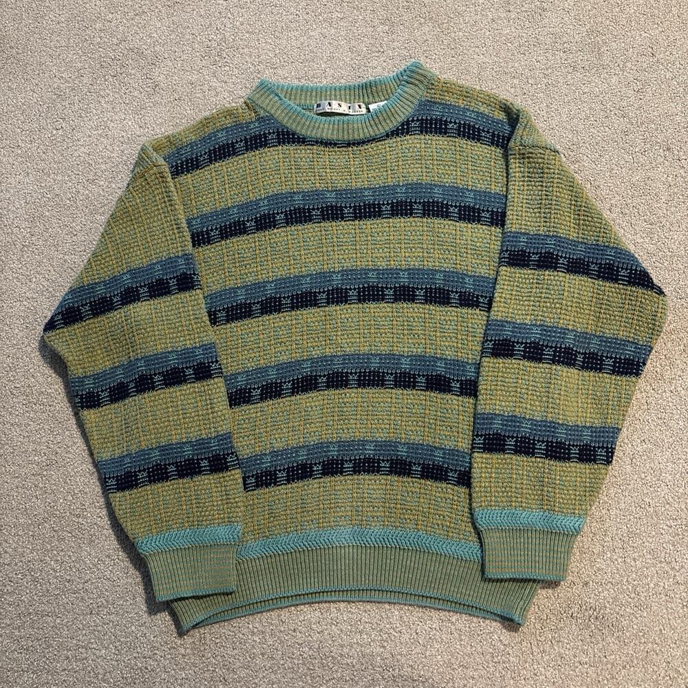 Basix Fenn Wright Manson Green Striped Crew Neck Knit Grandpa Sweater Men Size L